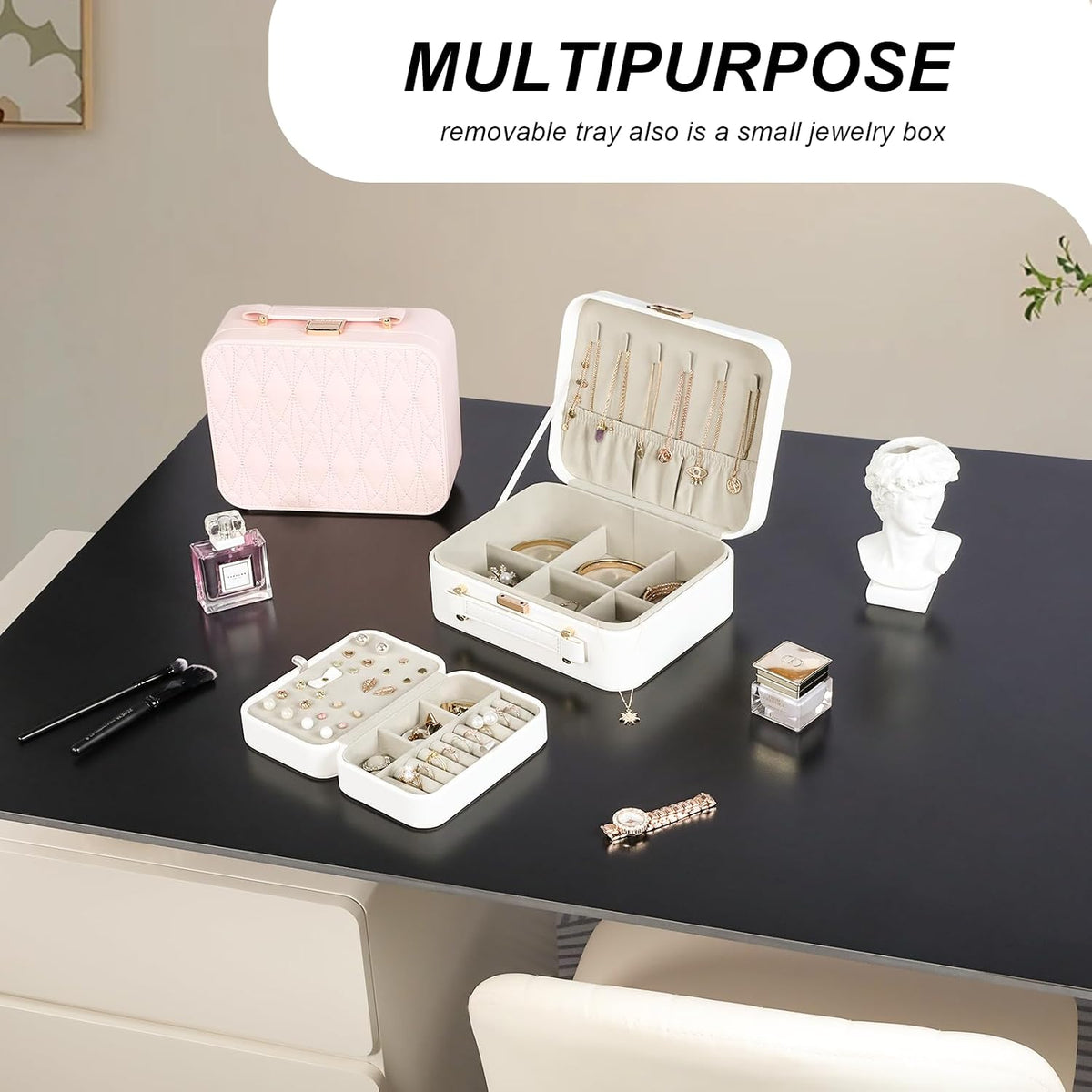 Travel Jewelry Case Large Jewelry Box Jewelry Travel Organizer Jewelry Case with Handle Removable Tray Best Gift for Women Girls (Grey)