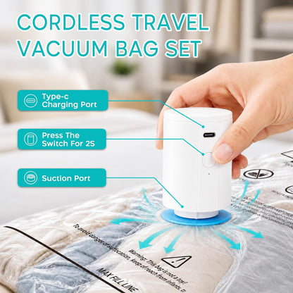 Travel Vacuum Bags with Pump, 80% Space Saver Vacuum Seal Bags for Clothing Travel, 12 Pack Vacuum Sealer Bag with Rechargeable Cordless Pump Set for Luggage, Clothes & Traveling (4L/4M/4S)