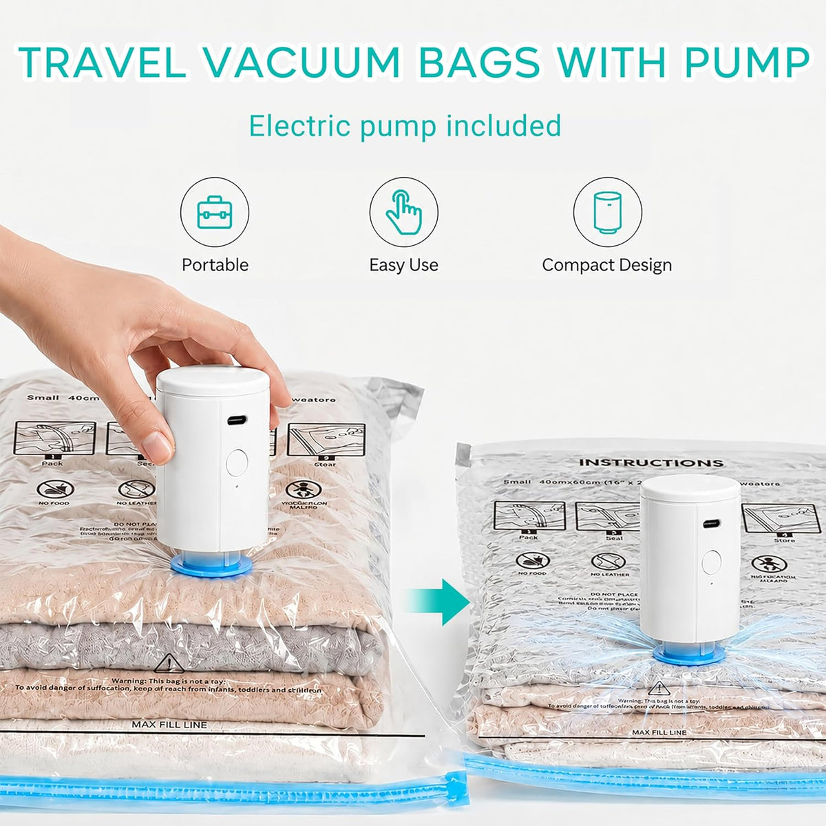 Travel Vacuum Bags with Pump, 80% Space Saver Vacuum Seal Bags for Clothing Travel, 12 Pack Vacuum Sealer Bag with Rechargeable Cordless Pump Set for Luggage, Clothes & Traveling (4L/4M/4S)