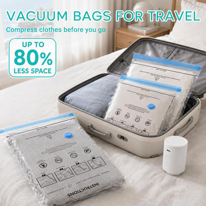 Travel Vacuum Bags with Pump, 80% Space Saver Vacuum Seal Bags for Clothing Travel, 12 Pack Vacuum Sealer Bag with Rechargeable Cordless Pump Set for Luggage, Clothes & Traveling (4L/4M/4S)