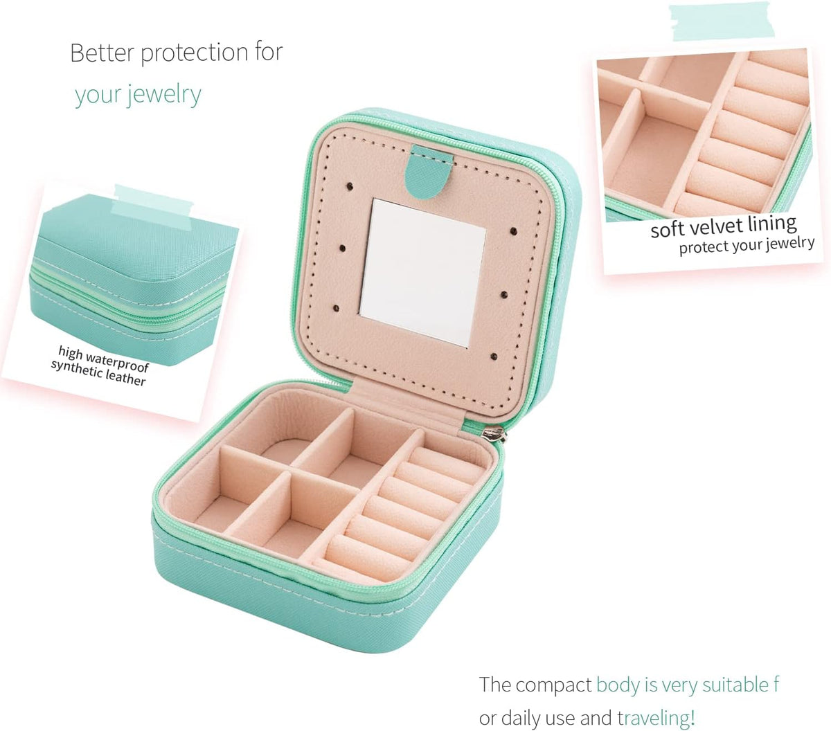 Travel jewelry case Travel jewelry box Travel Jewelry Organizer Small box Gift for Girls Women with Mirror(Green)