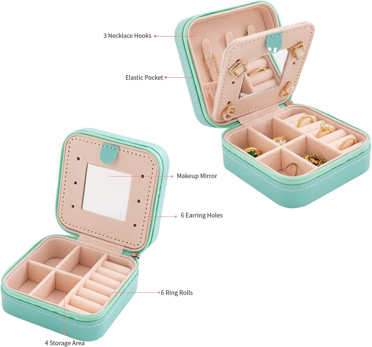 Travel jewelry case Travel jewelry box Travel Jewelry Organizer Small box Gift for Girls Women with Mirror(Green)