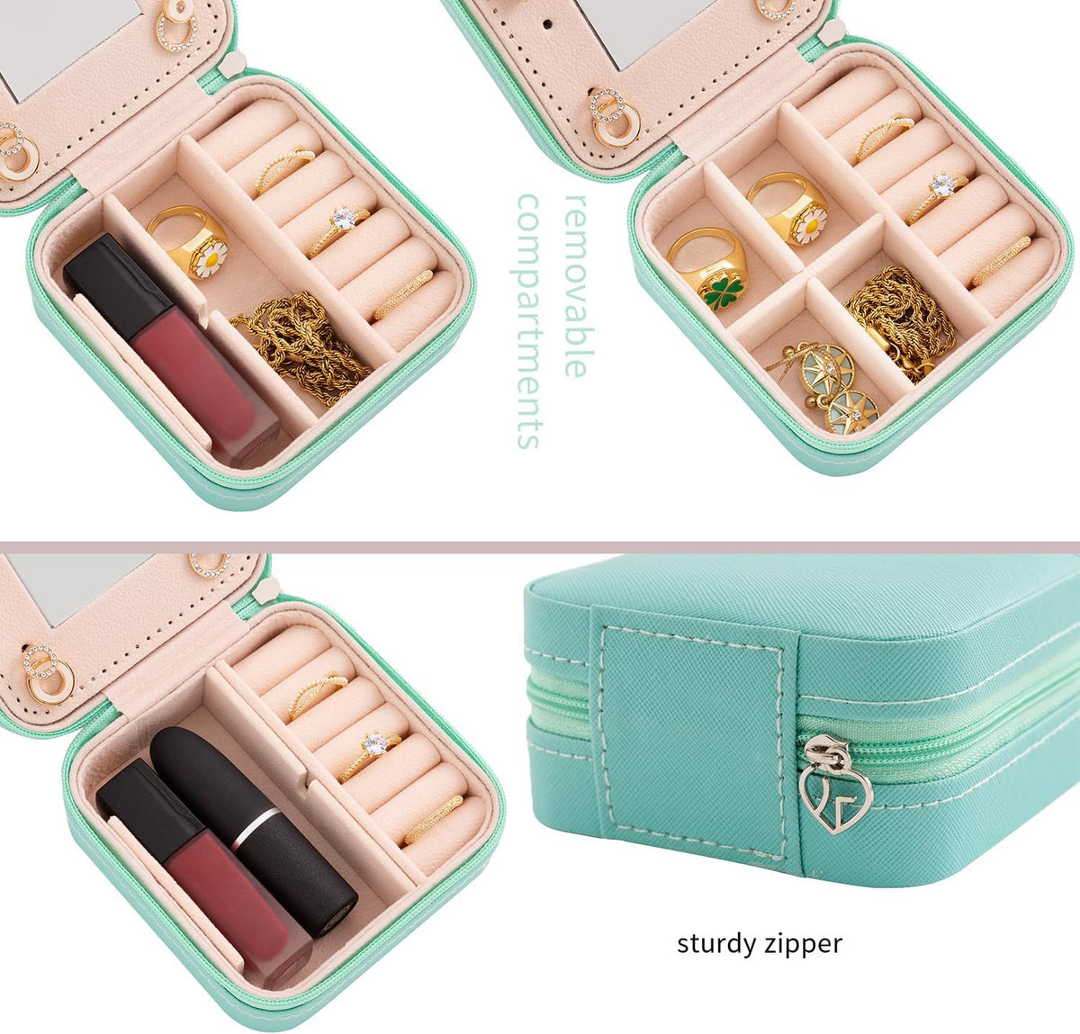 Travel jewelry case Travel jewelry box Travel Jewelry Organizer Small box Gift for Girls Women with Mirror(Green)