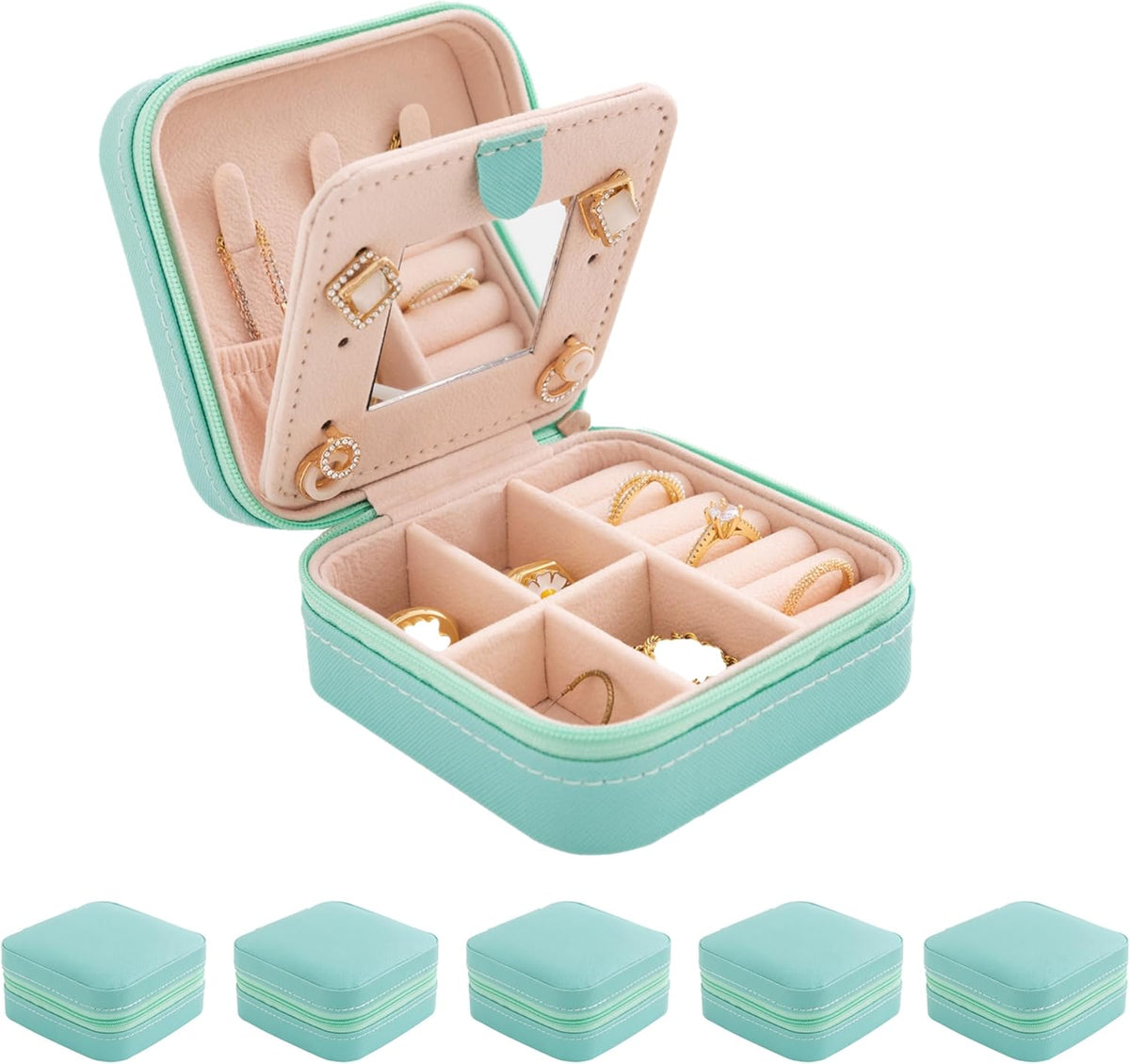 Travel jewelry case Travel jewelry box Travel Jewelry Organizer Small box Gift for Girls Women with Mirror(Green)