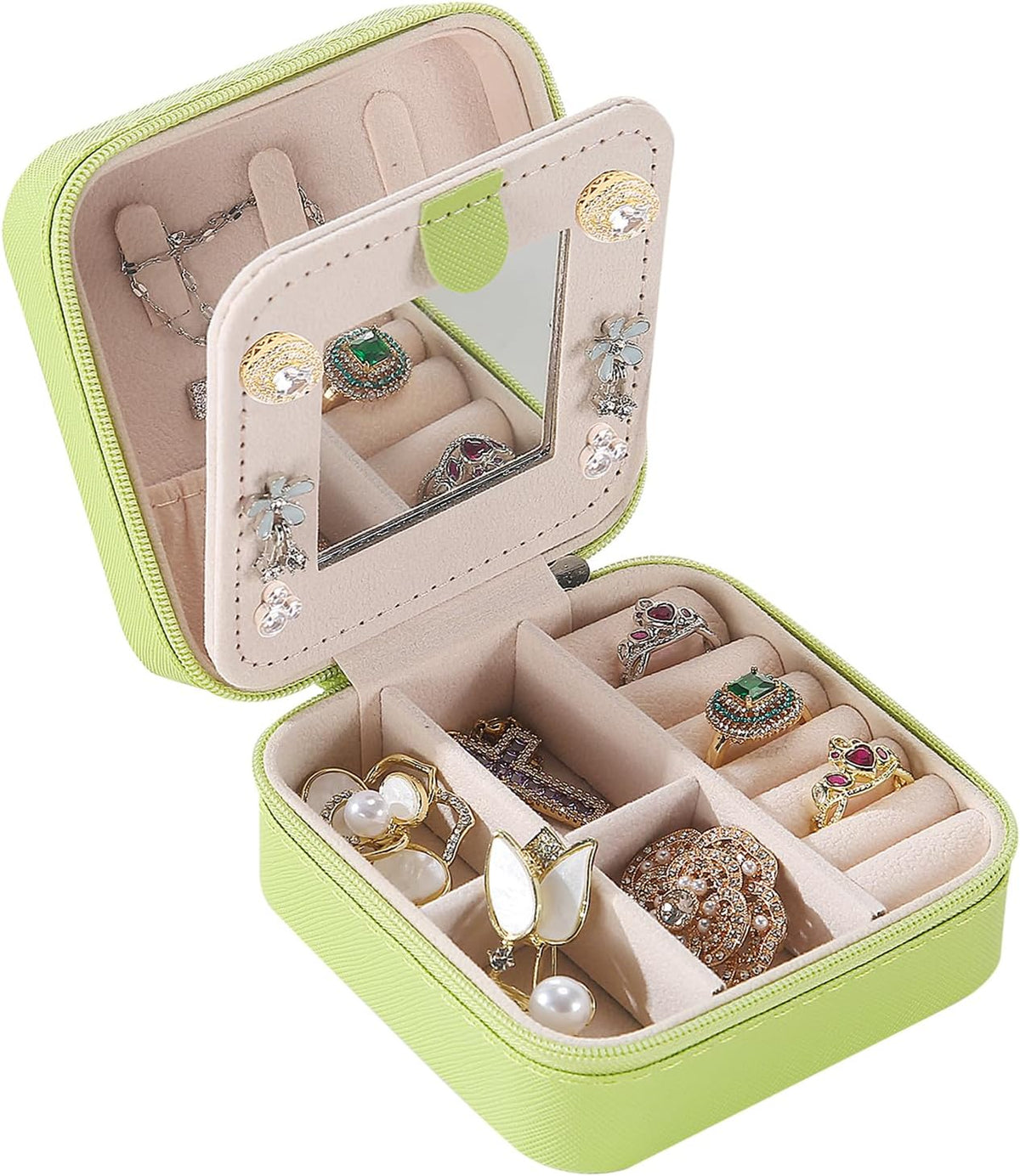 Travel jewelry case Travel jewelry box Travel Jewelry Organizer Small box Gift for Girls Women with Mirror(Green)
