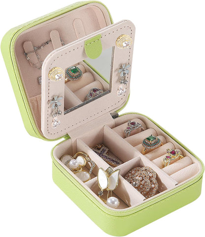 Travel jewelry case Travel jewelry box Travel Jewelry Organizer Small box Gift for Girls Women with Mirror(Green)