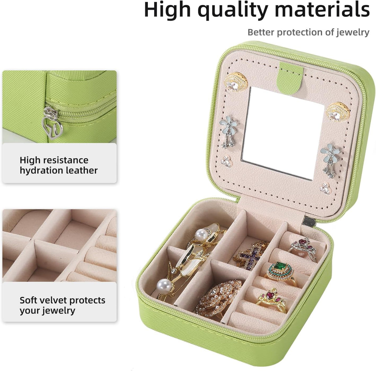 Travel jewelry case Travel jewelry box Travel Jewelry Organizer Small box Gift for Girls Women with Mirror(Green)