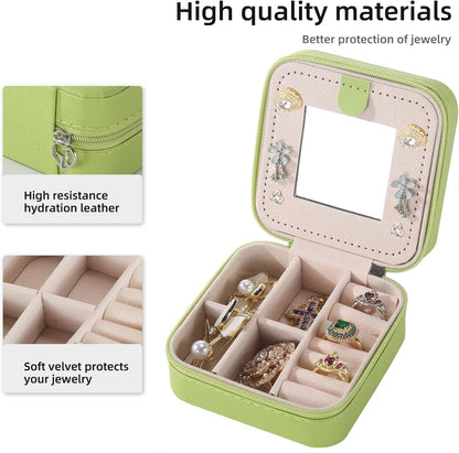 Travel jewelry case Travel jewelry box Travel Jewelry Organizer Small box Gift for Girls Women with Mirror(Green)
