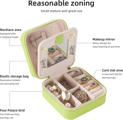 Travel jewelry case Travel jewelry box Travel Jewelry Organizer Small box Gift for Girls Women with Mirror(Green)