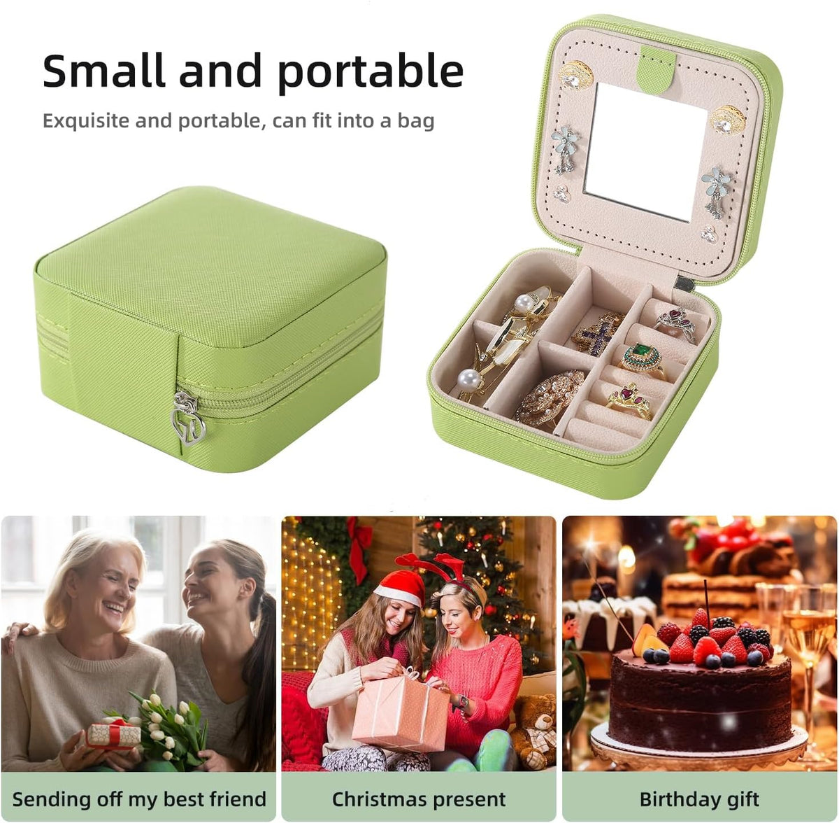 Travel jewelry case Travel jewelry box Travel Jewelry Organizer Small box Gift for Girls Women with Mirror(Green)
