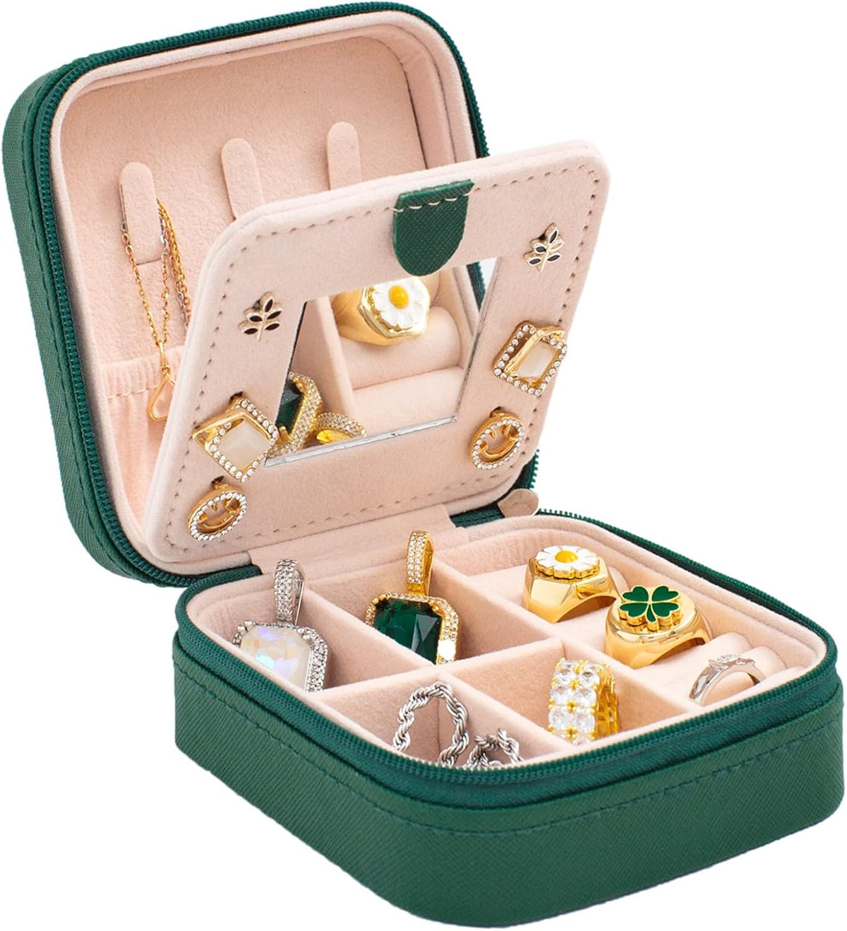 Travel jewelry case Travel jewelry box Travel Jewelry Organizer Small box Gift for Girls Women with Mirror(Green)