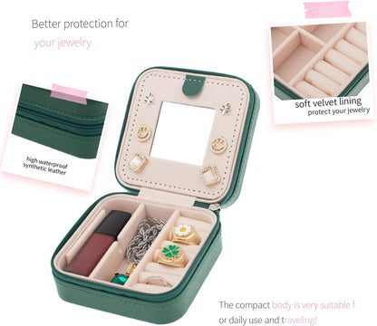 Travel jewelry case Travel jewelry box Travel Jewelry Organizer Small box Gift for Girls Women with Mirror(Green)