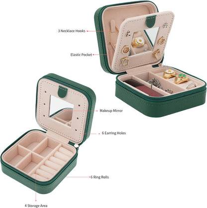 Travel jewelry case Travel jewelry box Travel Jewelry Organizer Small box Gift for Girls Women with Mirror(Green)