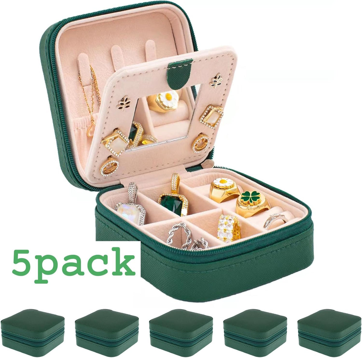 Travel jewelry case Travel jewelry box Travel Jewelry Organizer Small box Gift for Girls Women with Mirror(Green)