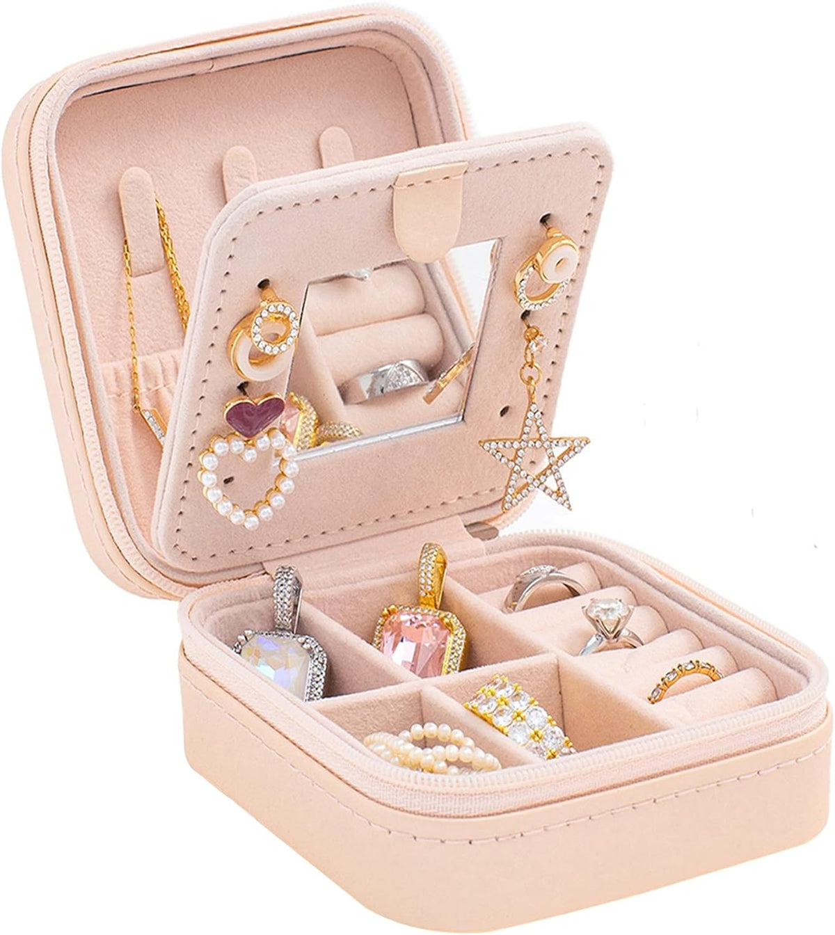 Travel jewelry case Travel jewelry box Travel Jewelry Organizer Small box Gift for Girls Women with Mirror(Green)