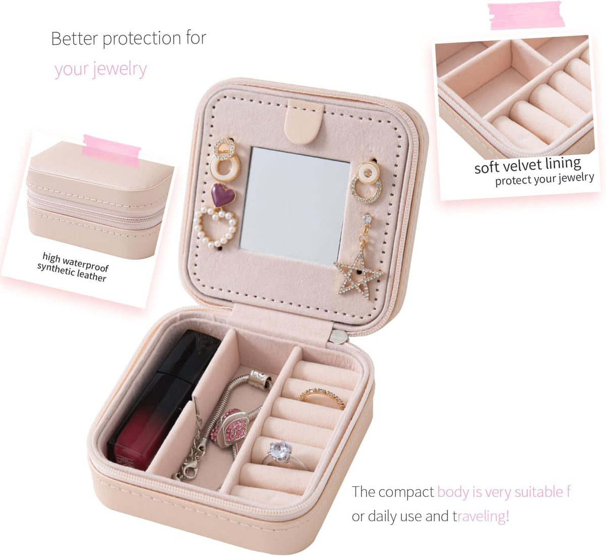 Travel jewelry case Travel jewelry box Travel Jewelry Organizer Small box Gift for Girls Women with Mirror(Green)