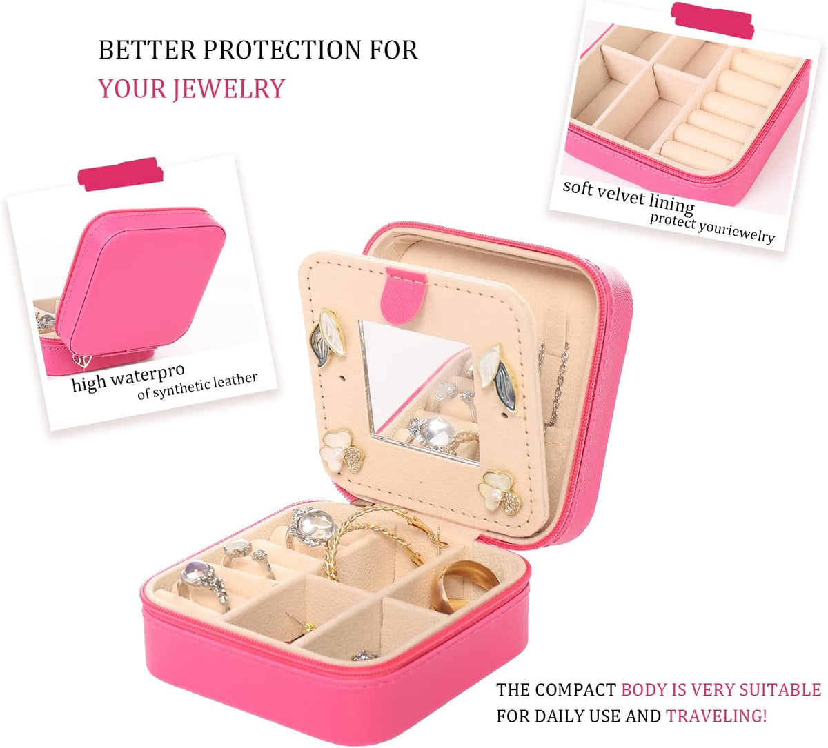 Travel jewelry case Travel jewelry box Travel Jewelry Organizer Small box Gift for Girls Women with Mirror(Green)