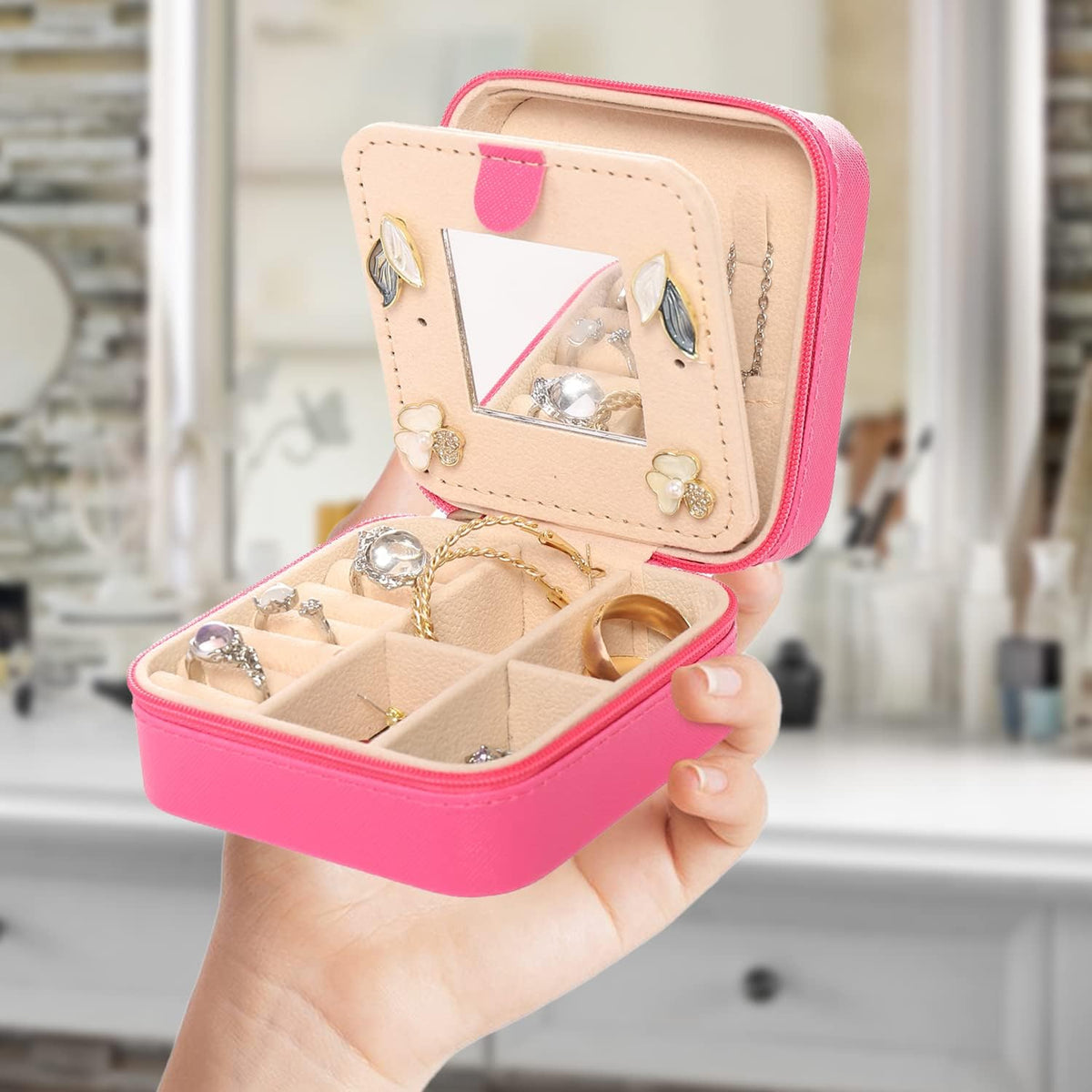 Travel jewelry case Travel jewelry box Travel Jewelry Organizer Small box Gift for Girls Women with Mirror(Green)
