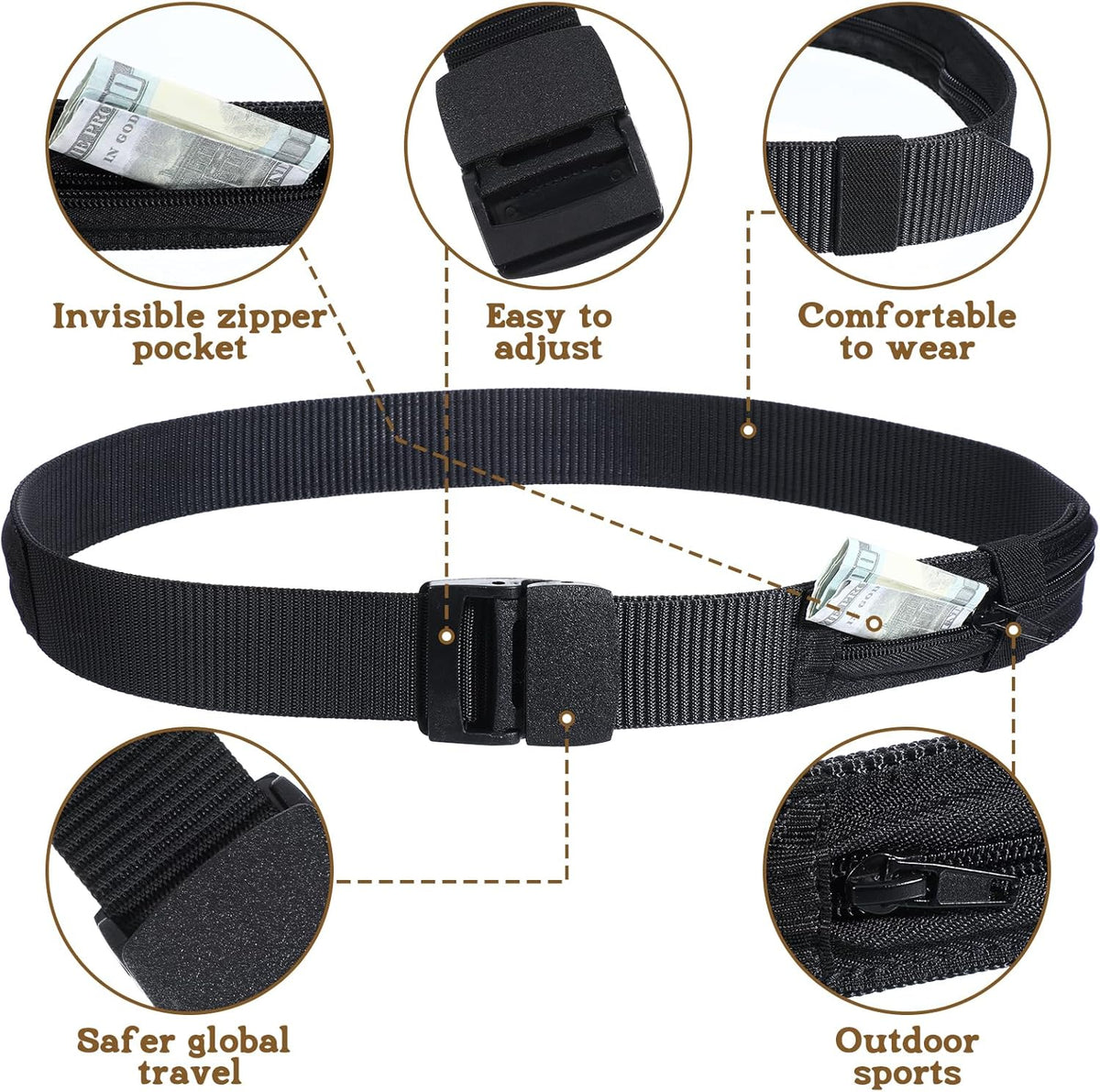Travel Money Belt, Hidden Money Pouch with Secret Compartment Anti-Theft Nylon Security Waist Wallet with Zinc Alloy Buckle for Business Travel Daily Working, Gift for Dad Boyfriend Men