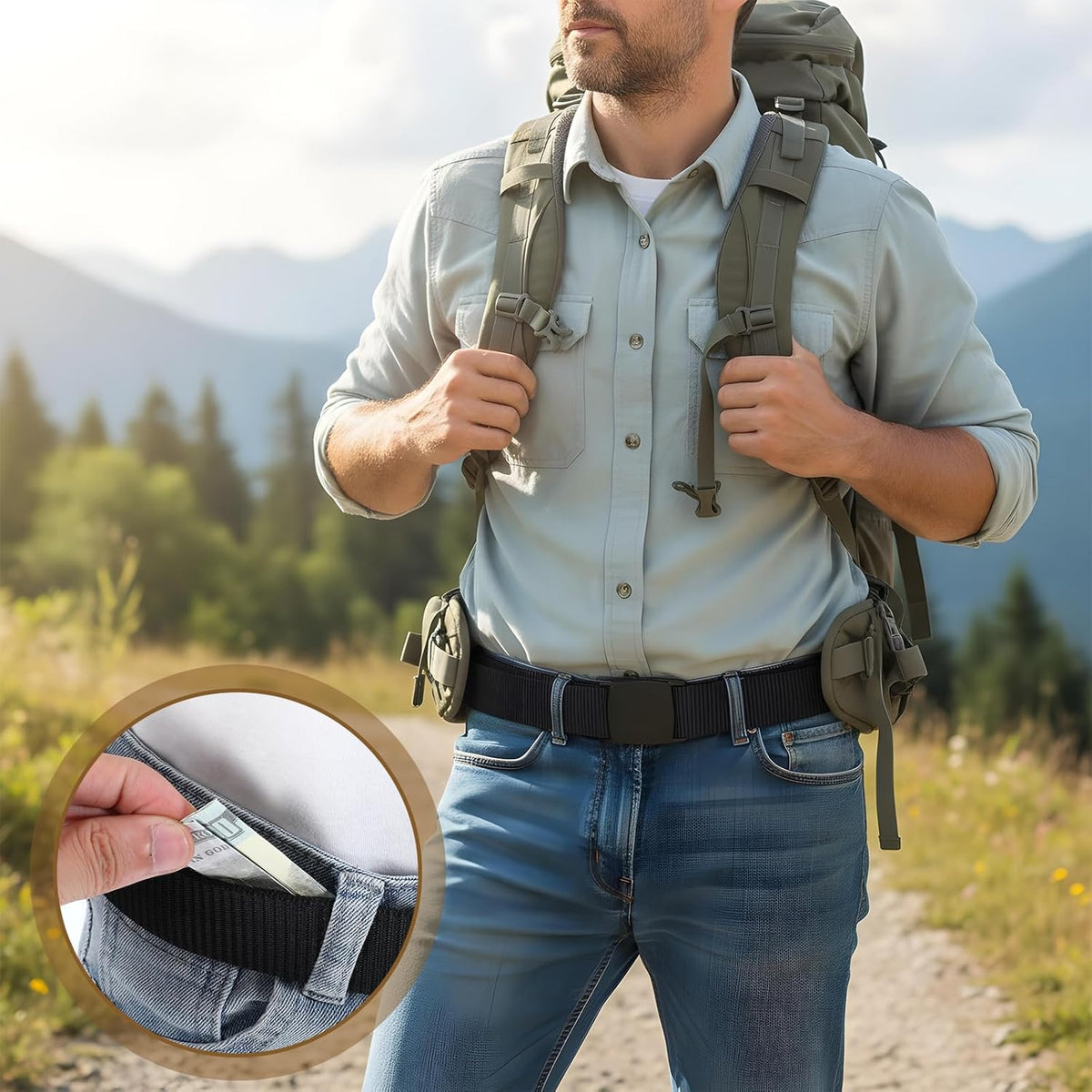 Travel Money Belt, Hidden Money Pouch with Secret Compartment Anti-Theft Nylon Security Waist Wallet with Zinc Alloy Buckle for Business Travel Daily Working, Gift for Dad Boyfriend Men