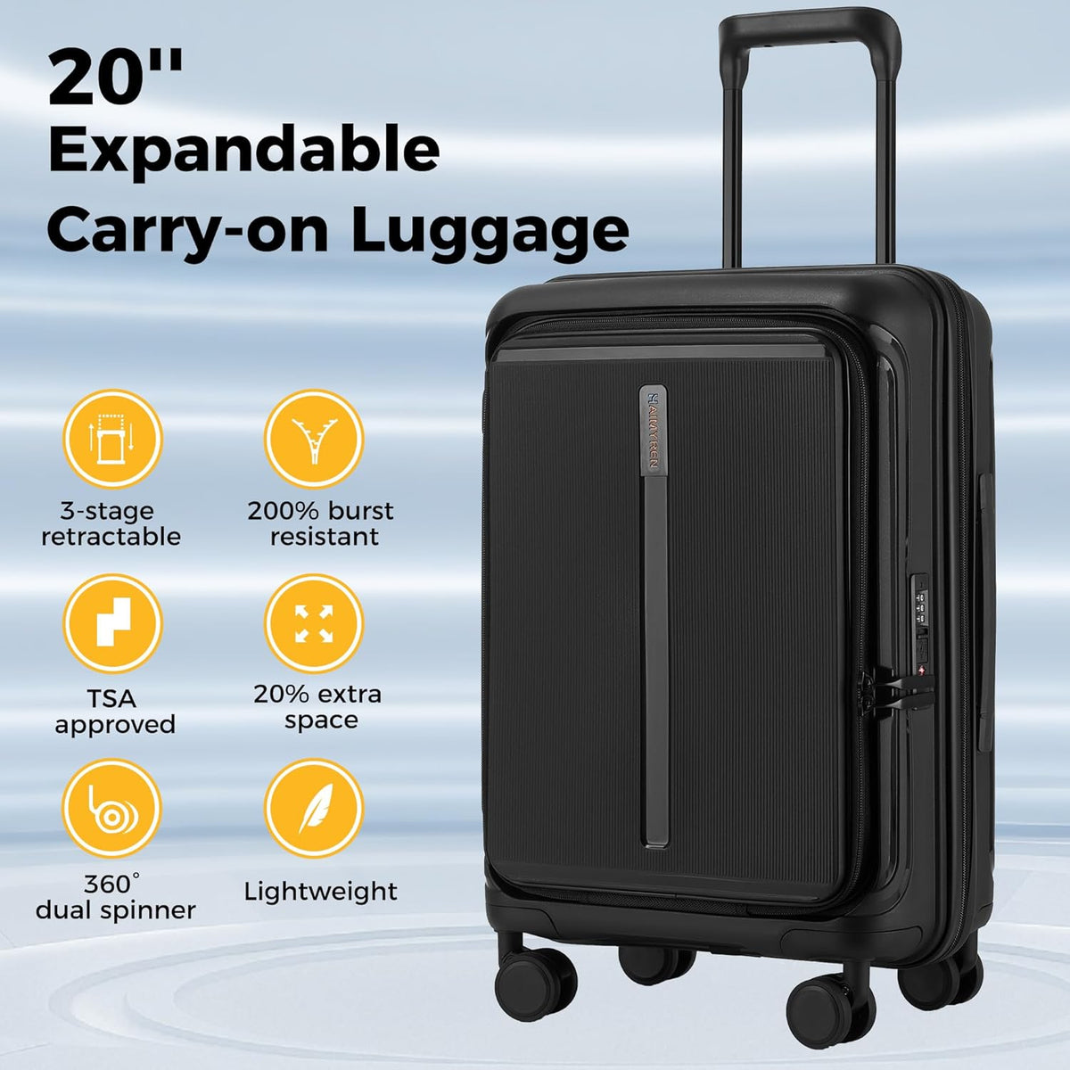 20 IN 22x14x9 Airline Approved with TSA Lock | Hardside Carry-on Suitcase with 8 Rolling Spinner Wheels, Lightweight PP Hard Shell Travel Luggage for Men and Women,Travel