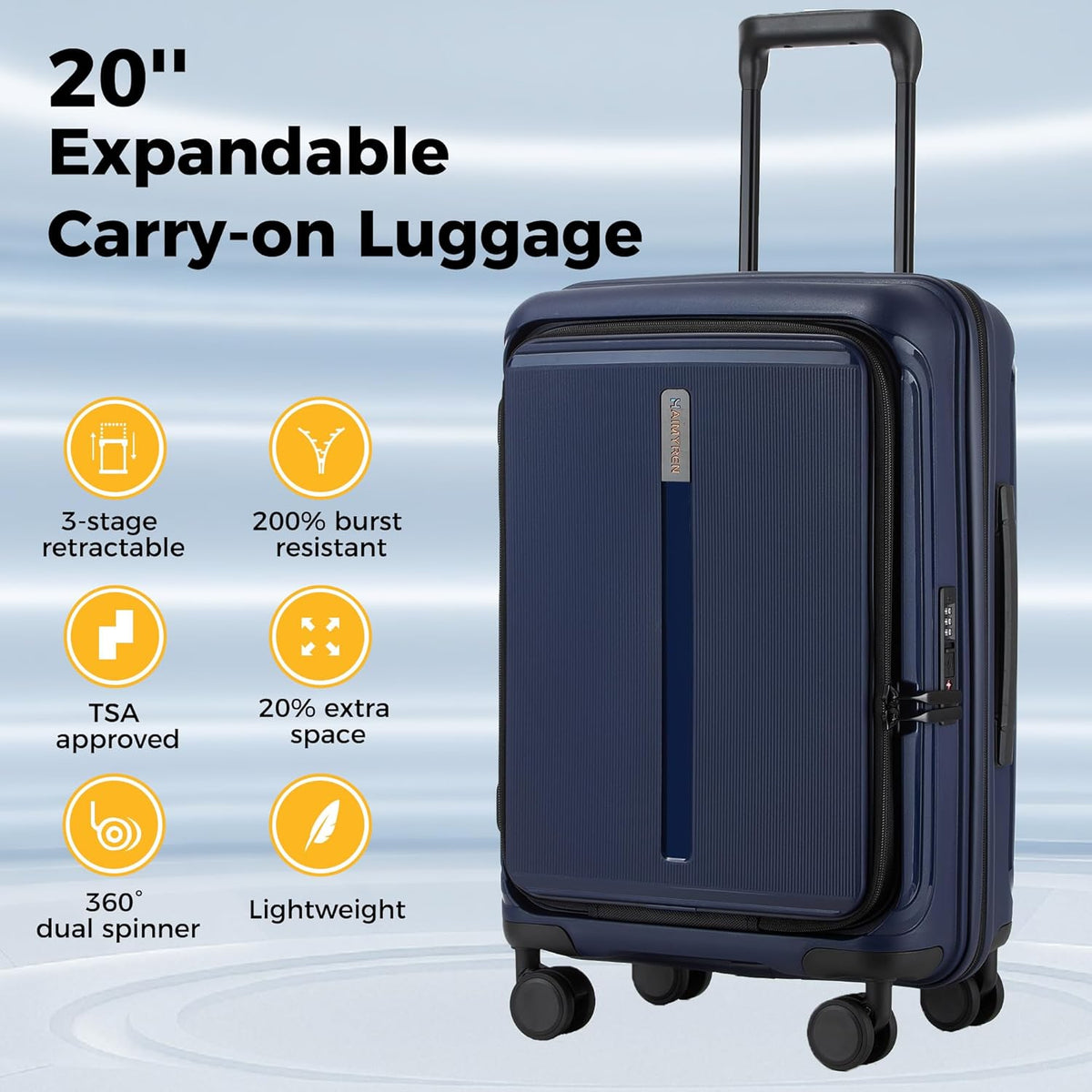 20 IN 22x14x9 Airline Approved with TSA Lock | Hardside Carry-on Suitcase with 8 Rolling Spinner Wheels, Lightweight PP Hard Shell Travel Luggage for Men and Women,Travel