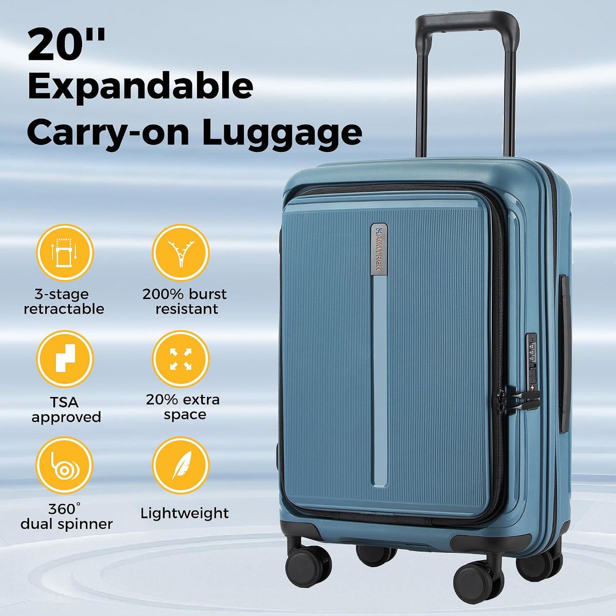 20 IN 22x14x9 Airline Approved with TSA Lock | Hardside Carry-on Suitcase with 8 Rolling Spinner Wheels, Lightweight PP Hard Shell Travel Luggage for Men and Women,Travel