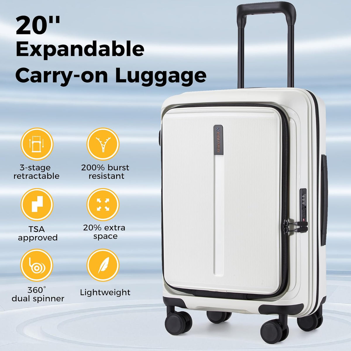 20 IN 22x14x9 Airline Approved with TSA Lock | Hardside Carry-on Suitcase with 8 Rolling Spinner Wheels, Lightweight PP Hard Shell Travel Luggage for Men and Women,Travel