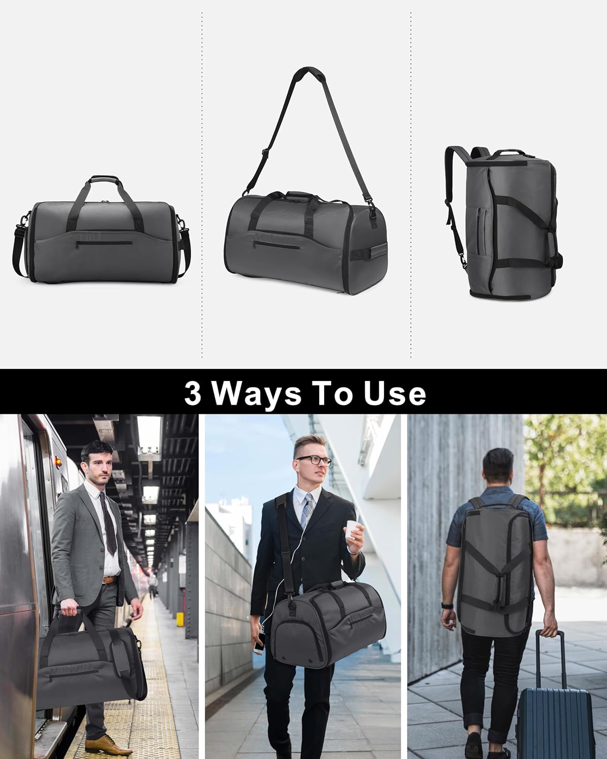 Convertible Garment Duffle Bags for Travel - Carry on Garment Bag, Suit Bag for Men & Women, 3 in 1 Foldable Travel Duffle Backpack with Shoulder Strap (Black)