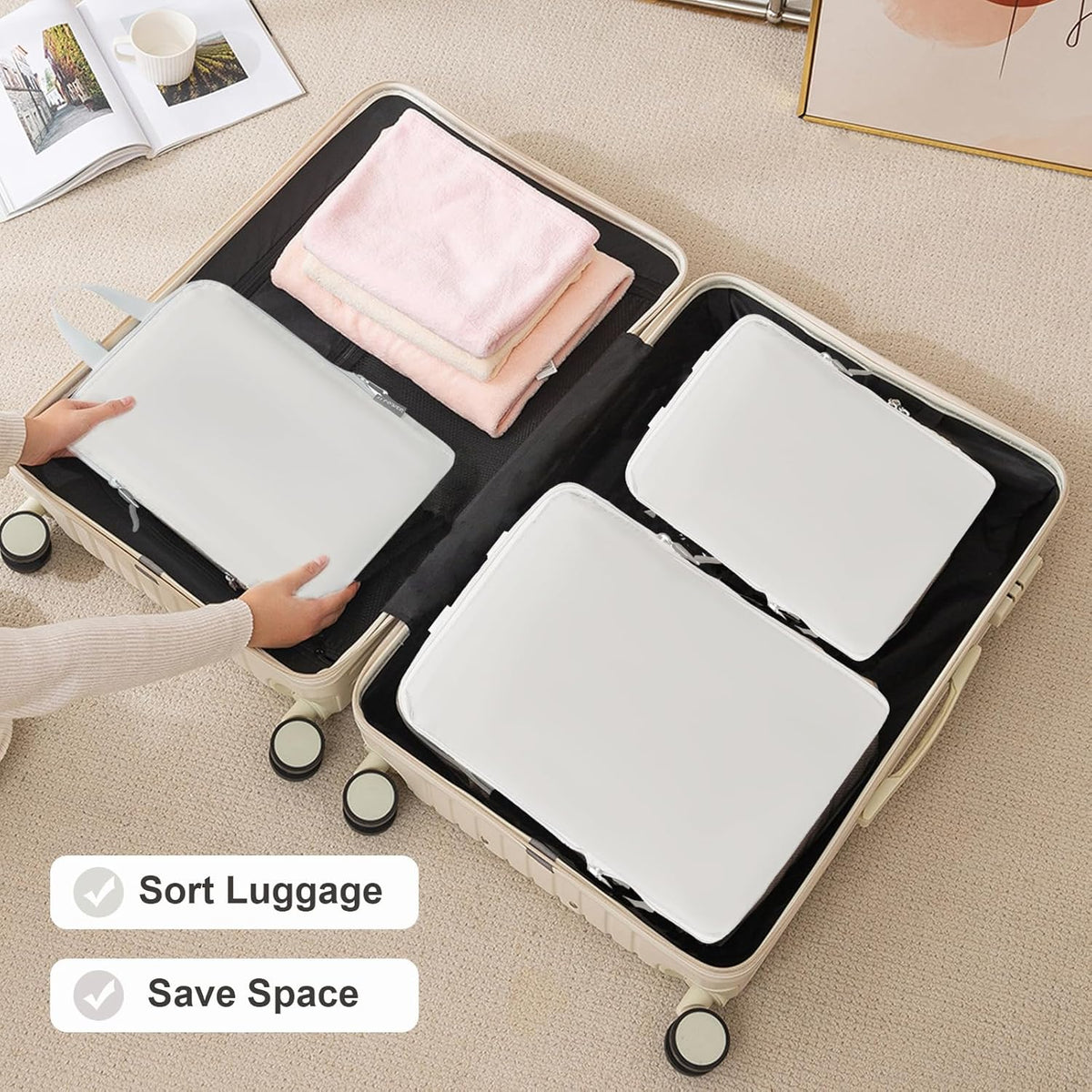 3 Set Lightweight Compression Packing Cubes for Suitcases, Travel Essentials Expandable Packing Cubes Organizer for Carry on Suitcases(Cream)