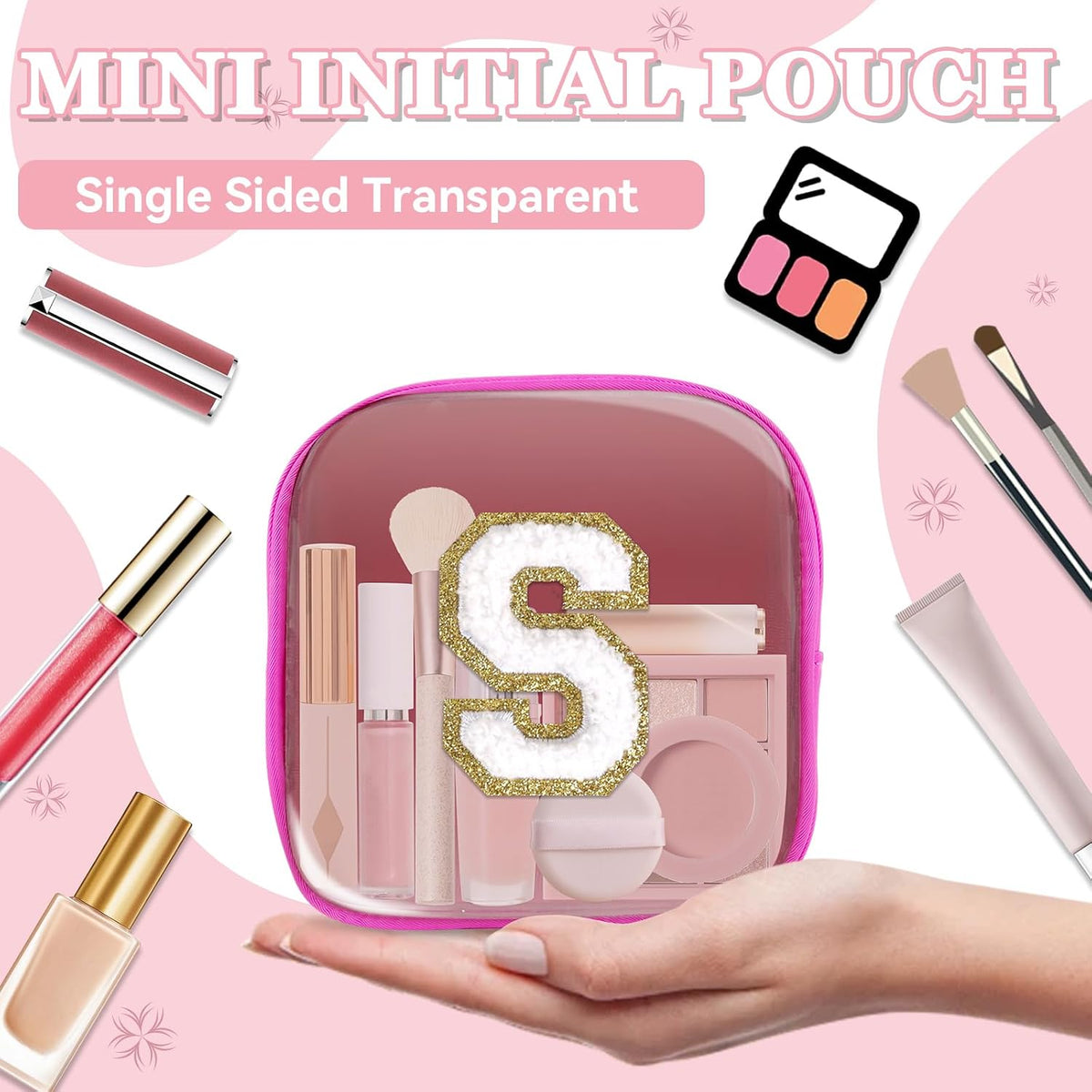 Small Clear Personalized Initial Makeup Bag,Preppy Nylon A-Z Chenille Letter Patch Makeup Organizer TSA Approved Travel Toiletry Bag,Waterproof Zip Beach Cosmetic Pouch Purse for Women(Purple-White V)