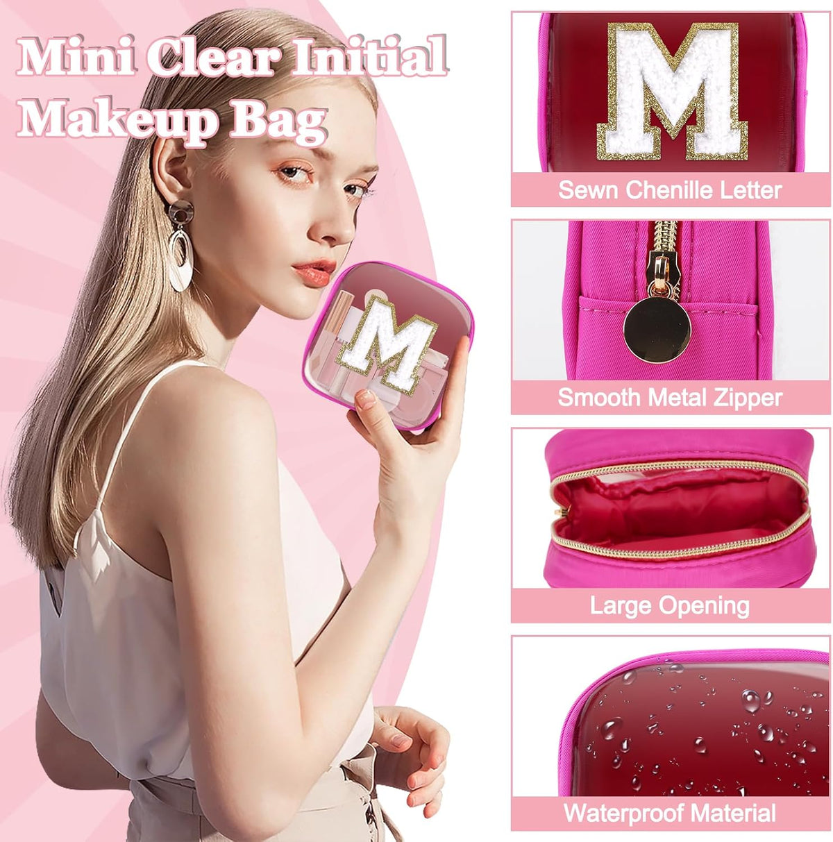 Small Clear Personalized Initial Makeup Bag,Preppy Nylon A-Z Chenille Letter Patch Makeup Organizer TSA Approved Travel Toiletry Bag,Waterproof Zip Beach Cosmetic Pouch Purse for Women(Purple-White V)
