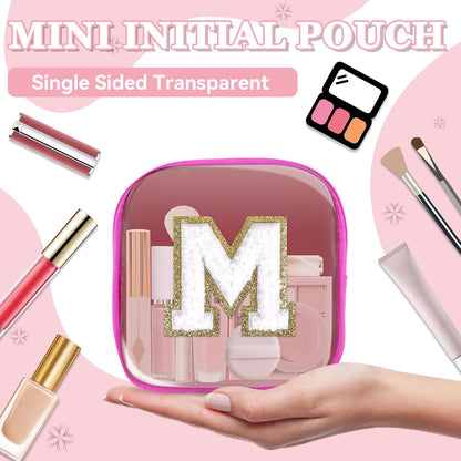 Small Clear Personalized Initial Makeup Bag,Preppy Nylon A-Z Chenille Letter Patch Makeup Organizer TSA Approved Travel Toiletry Bag,Waterproof Zip Beach Cosmetic Pouch Purse for Women(Purple-White V)
