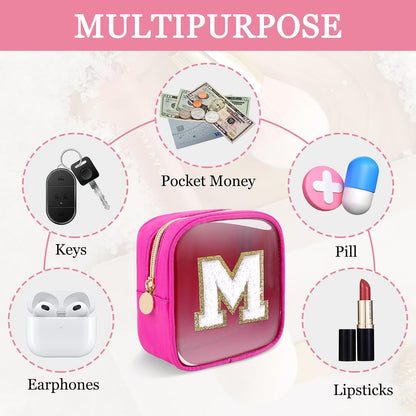 Small Clear Personalized Initial Makeup Bag,Preppy Nylon A-Z Chenille Letter Patch Makeup Organizer TSA Approved Travel Toiletry Bag,Waterproof Zip Beach Cosmetic Pouch Purse for Women(Purple-White V)