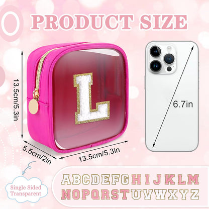 Small Clear Personalized Initial Makeup Bag,Preppy Nylon A-Z Chenille Letter Patch Makeup Organizer TSA Approved Travel Toiletry Bag,Waterproof Zip Beach Cosmetic Pouch Purse for Women(Purple-White V)
