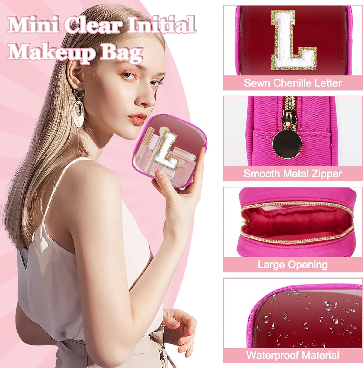 Small Clear Personalized Initial Makeup Bag,Preppy Nylon A-Z Chenille Letter Patch Makeup Organizer TSA Approved Travel Toiletry Bag,Waterproof Zip Beach Cosmetic Pouch Purse for Women(Purple-White V)