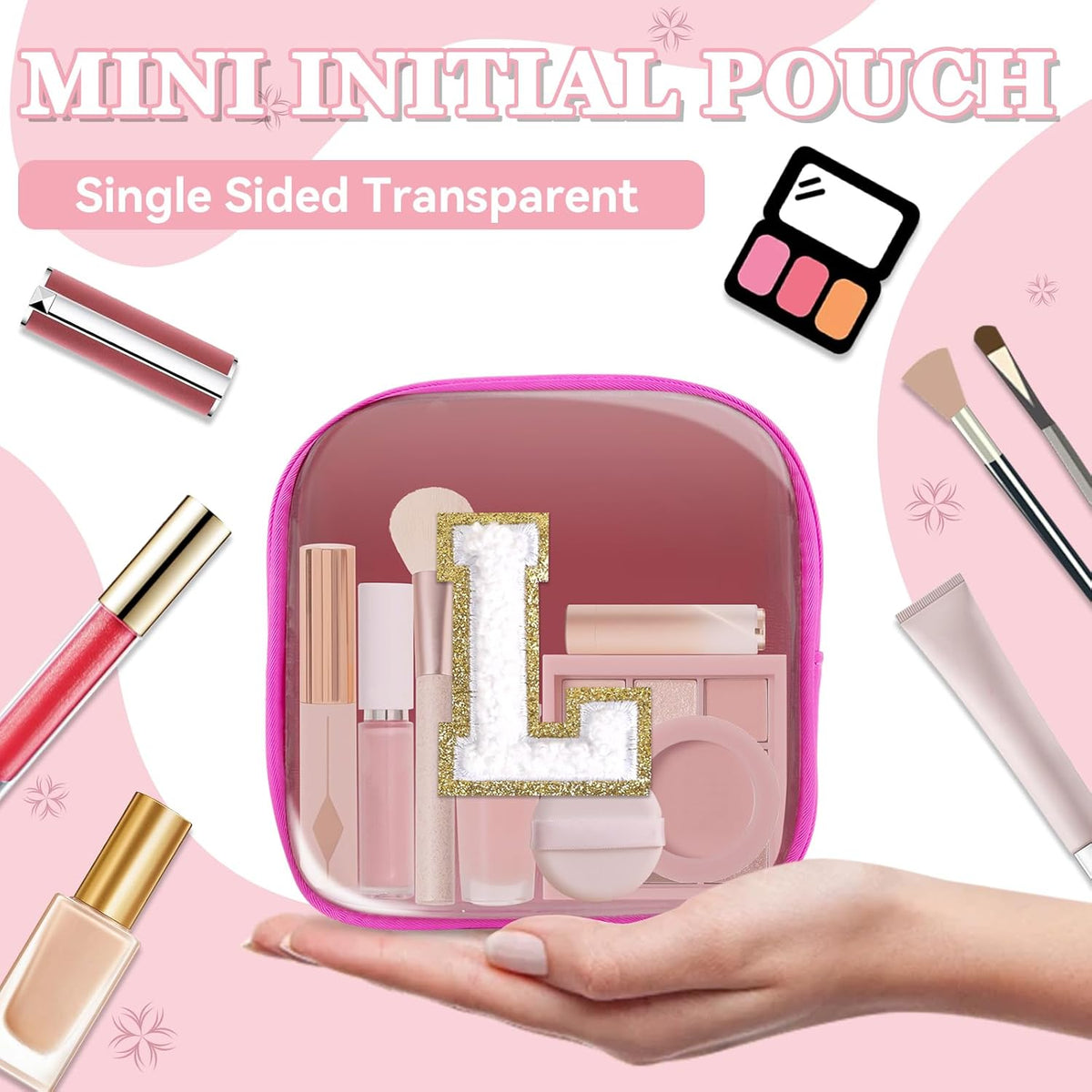 Small Clear Personalized Initial Makeup Bag,Preppy Nylon A-Z Chenille Letter Patch Makeup Organizer TSA Approved Travel Toiletry Bag,Waterproof Zip Beach Cosmetic Pouch Purse for Women(Purple-White V)