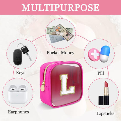 Small Clear Personalized Initial Makeup Bag,Preppy Nylon A-Z Chenille Letter Patch Makeup Organizer TSA Approved Travel Toiletry Bag,Waterproof Zip Beach Cosmetic Pouch Purse for Women(Purple-White V)