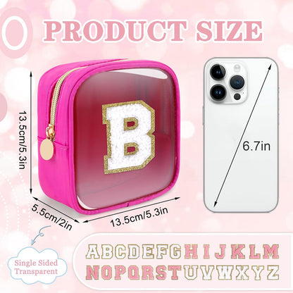 Small Clear Personalized Initial Makeup Bag,Preppy Nylon A-Z Chenille Letter Patch Makeup Organizer TSA Approved Travel Toiletry Bag,Waterproof Zip Beach Cosmetic Pouch Purse for Women(Purple-White V)