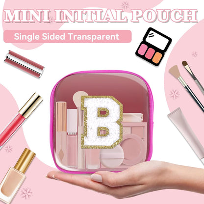 Small Clear Personalized Initial Makeup Bag,Preppy Nylon A-Z Chenille Letter Patch Makeup Organizer TSA Approved Travel Toiletry Bag,Waterproof Zip Beach Cosmetic Pouch Purse for Women(Purple-White V)