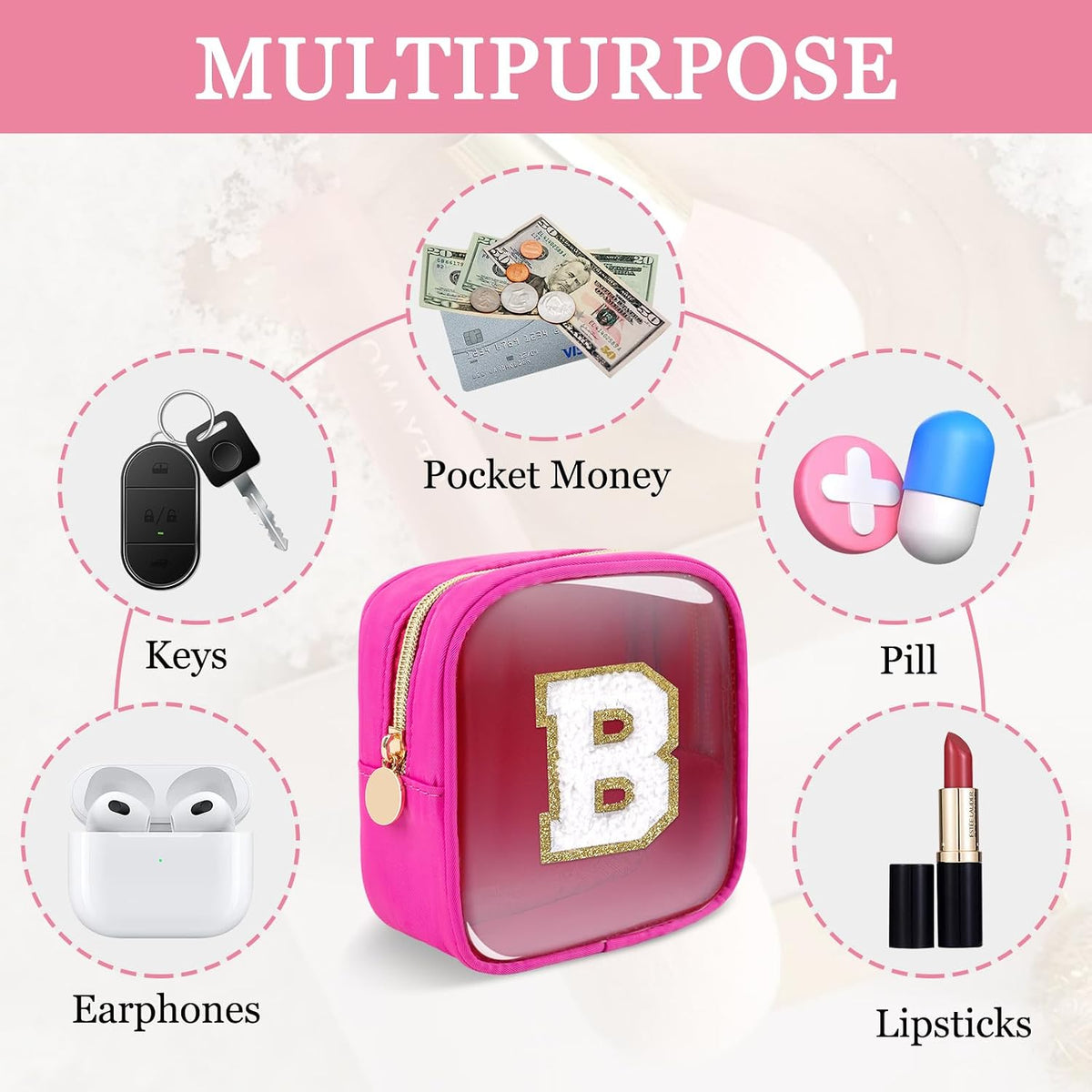 Small Clear Personalized Initial Makeup Bag,Preppy Nylon A-Z Chenille Letter Patch Makeup Organizer TSA Approved Travel Toiletry Bag,Waterproof Zip Beach Cosmetic Pouch Purse for Women(Purple-White V)