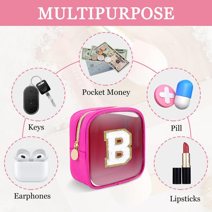 Small Clear Personalized Initial Makeup Bag,Preppy Nylon A-Z Chenille Letter Patch Makeup Organizer TSA Approved Travel Toiletry Bag,Waterproof Zip Beach Cosmetic Pouch Purse for Women(Purple-White V)