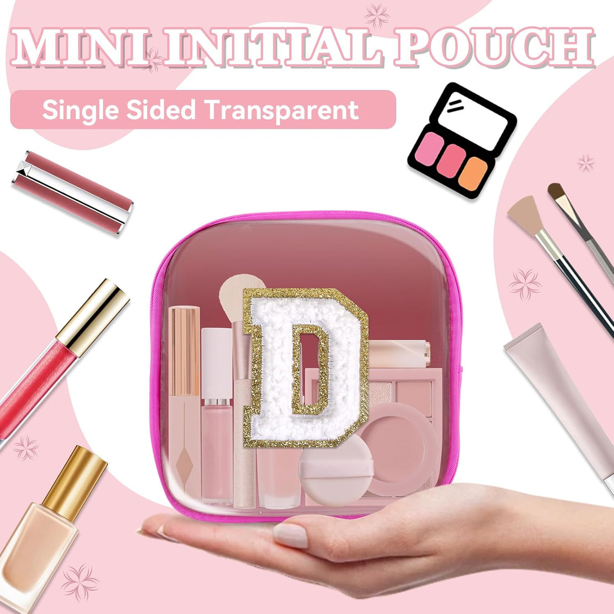 Small Clear Personalized Initial Makeup Bag,Preppy Nylon A-Z Chenille Letter Patch Makeup Organizer TSA Approved Travel Toiletry Bag,Waterproof Zip Beach Cosmetic Pouch Purse for Women(Purple-White V)