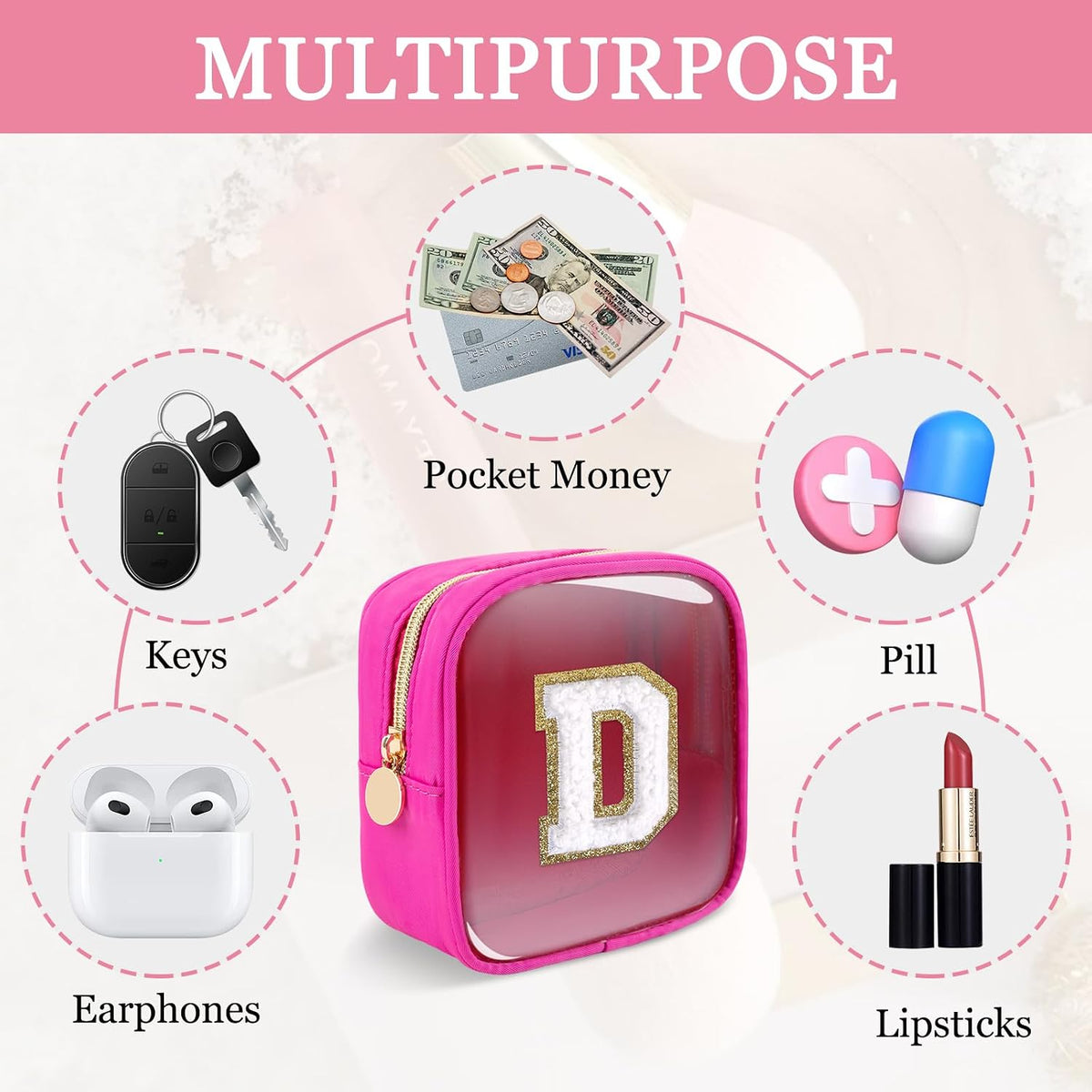 Small Clear Personalized Initial Makeup Bag,Preppy Nylon A-Z Chenille Letter Patch Makeup Organizer TSA Approved Travel Toiletry Bag,Waterproof Zip Beach Cosmetic Pouch Purse for Women(Purple-White V)