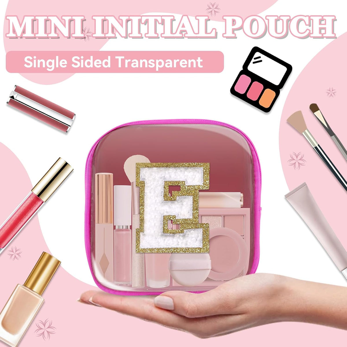 Small Clear Personalized Initial Makeup Bag,Preppy Nylon A-Z Chenille Letter Patch Makeup Organizer TSA Approved Travel Toiletry Bag,Waterproof Zip Beach Cosmetic Pouch Purse for Women(Purple-White V)