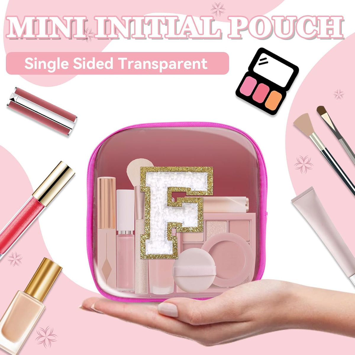 Small Clear Personalized Initial Makeup Bag,Preppy Nylon A-Z Chenille Letter Patch Makeup Organizer TSA Approved Travel Toiletry Bag,Waterproof Zip Beach Cosmetic Pouch Purse for Women(Purple-White V)