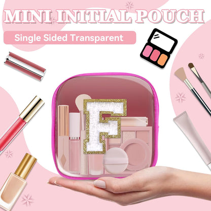 Small Clear Personalized Initial Makeup Bag,Preppy Nylon A-Z Chenille Letter Patch Makeup Organizer TSA Approved Travel Toiletry Bag,Waterproof Zip Beach Cosmetic Pouch Purse for Women(Purple-White V)
