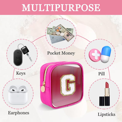 Small Clear Personalized Initial Makeup Bag,Preppy Nylon A-Z Chenille Letter Patch Makeup Organizer TSA Approved Travel Toiletry Bag,Waterproof Zip Beach Cosmetic Pouch Purse for Women(Purple-White V)