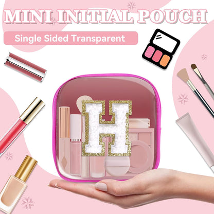 Small Clear Personalized Initial Makeup Bag,Preppy Nylon A-Z Chenille Letter Patch Makeup Organizer TSA Approved Travel Toiletry Bag,Waterproof Zip Beach Cosmetic Pouch Purse for Women(Purple-White V)