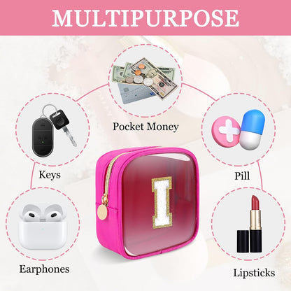 Small Clear Personalized Initial Makeup Bag,Preppy Nylon A-Z Chenille Letter Patch Makeup Organizer TSA Approved Travel Toiletry Bag,Waterproof Zip Beach Cosmetic Pouch Purse for Women(Purple-White V)